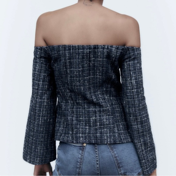 Zara textured navy tweed flare sleeves off the shoulder top - Picture 5 of 11